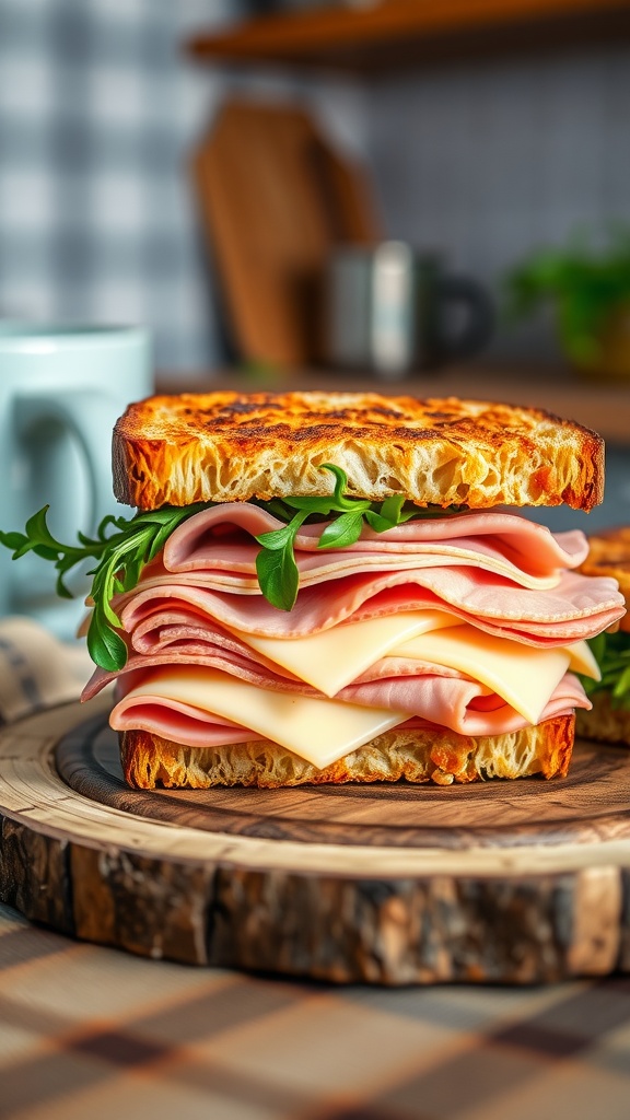 Aesthetic ham and cheese sandwich with ham, cheese, and greens on toasted bread, presented on a rustic board.